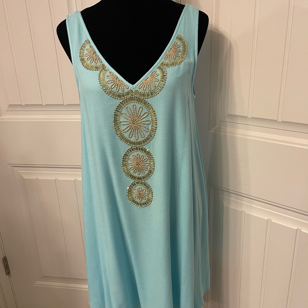 SOLD. Lilly Pulitzer Aqua Fia Dress with Gold Beaded Details